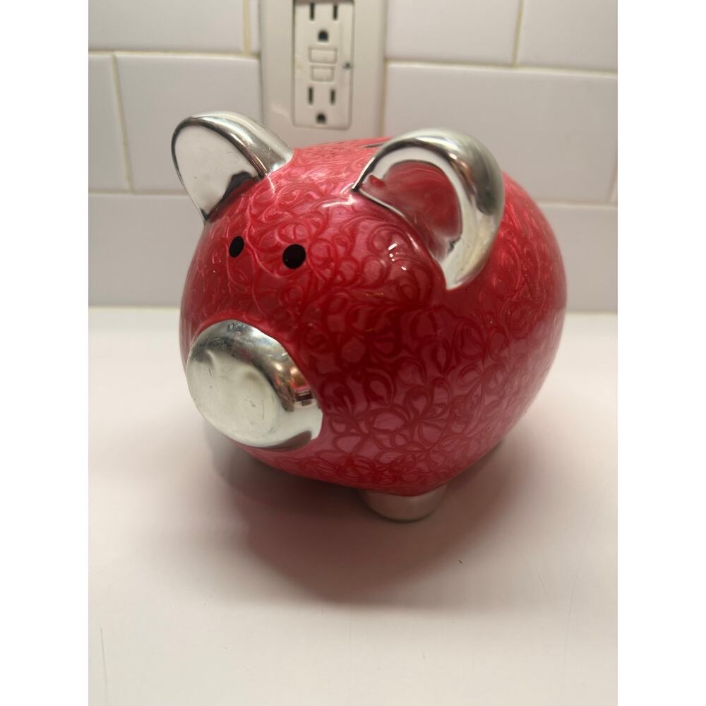 Red Ceramic Piggy Bank with Silver Accents